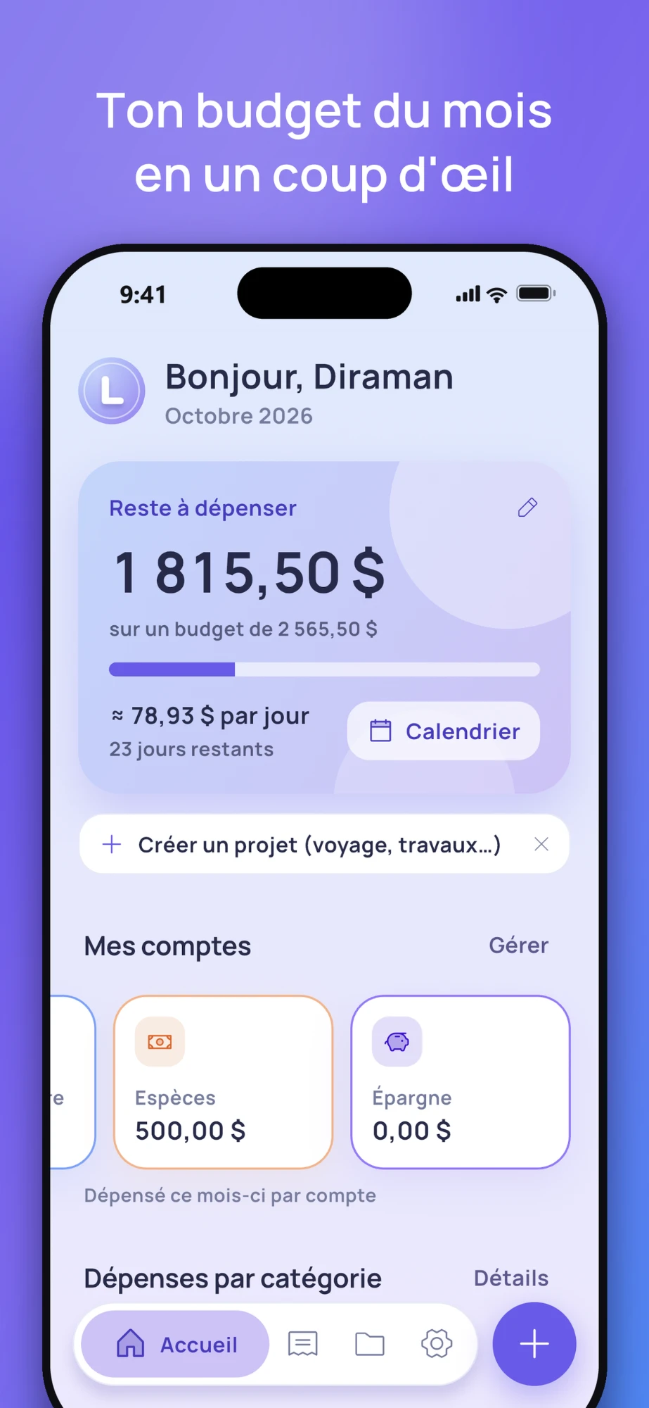 Écran d'accueil : budget restant, comptes et dépenses par catégorie