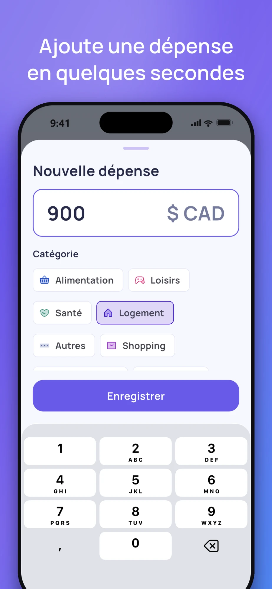 Ajout d'une dépense avec montant et catégorie