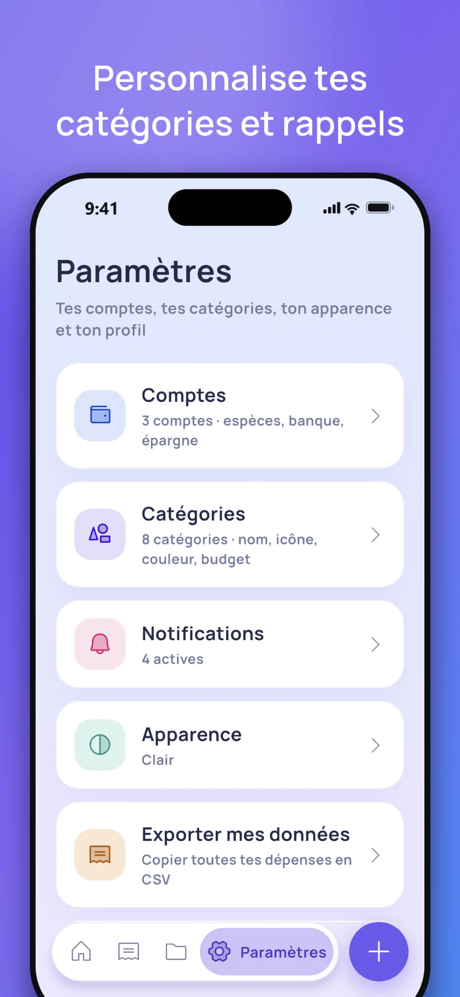 Paramètres : comptes, catégories, notifications, apparence et export